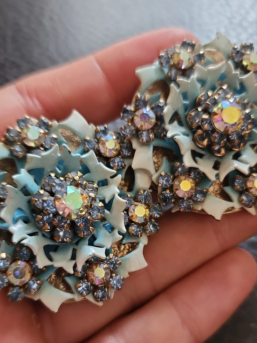 Vintage Style Aqua Crystal Flower Clip-On Earrings